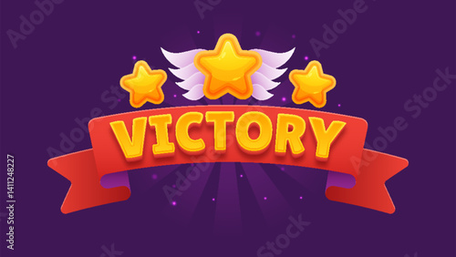 Game UI Level Win Popup: Victory Badge with Trophy Design. Tournament or Competition Interface Featuring Gold Coins on a Vibrant Purple Background.	
