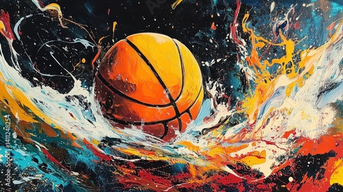 Hyper-realistic palette knife painting of a basketball with colorful explosion on black background