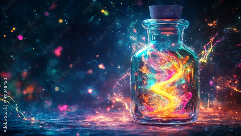 Enchanting glass bottle filled with vibrant, swirling, colorful flames. Mystical, glowing particles surround the container Enchanting glass bottle filled with vibrant, swirling, colorful flames. Mystical, glowing particles surround the container
