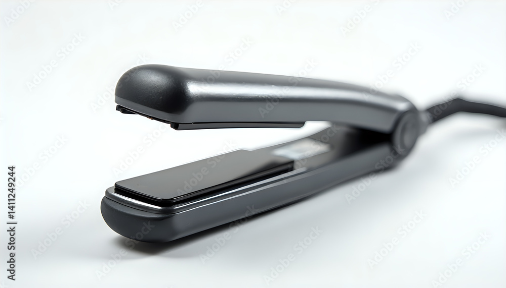 A close up of a black hair straightener on a white surface. A close up of a black hair straightener on a white surface.
