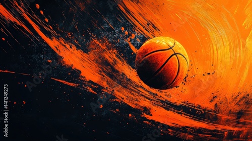Abstract basketball in motion with swirling orange and black paint strokes