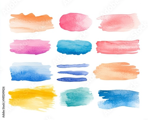 Watercolor brush strokes art studio graphic design creative space close-up colorful expression isolate on white background 