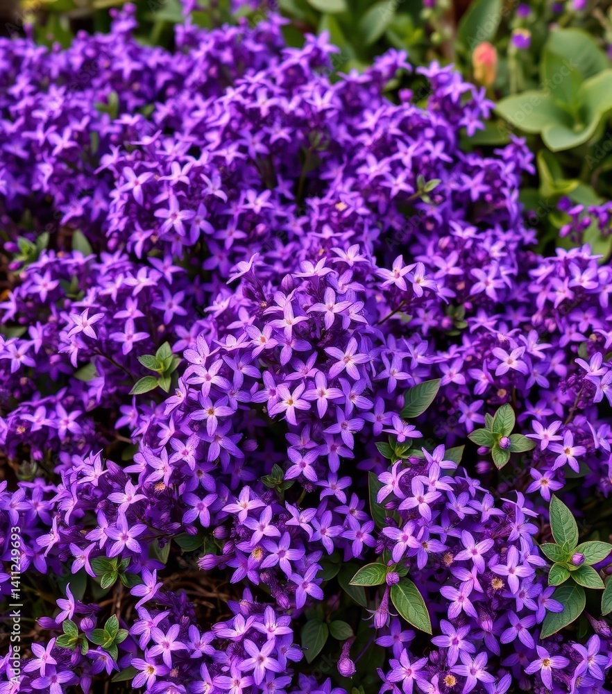 Fototapeta premium Dense purple flower carpet, vibrant blooms clustered together, ethereal, flower bed, peaceful