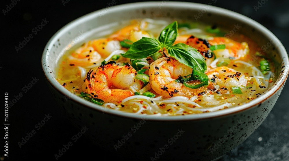 Delicious Shrimp Noodle Soup, Close up of a bowl of flavorful shrimp noodle soup. Delicious Shrimp Noodle Soup, Close up of a bowl of flavorful shrimp noodle soup.