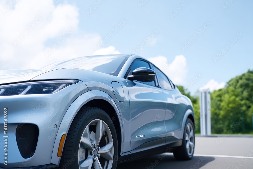 Fototapeta premium sleek electric vehicle recharging at modern outdoor charging station under clear blue sky