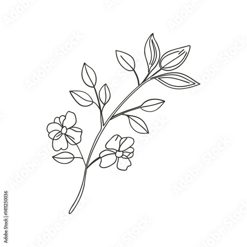 Minimal feminine floral branch vector illustration. Elegant botanical line art with soft aesthetic, delicate hand-drawn flower element