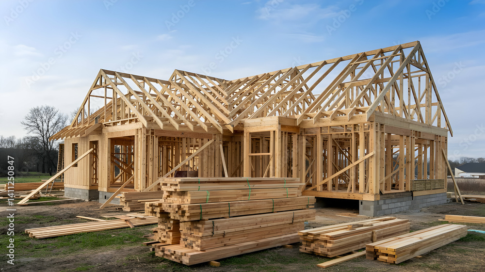 New Residential House Construction with Wooden Frame and Clear Blue Sky in Background New Residential House Construction with Wooden Frame and Clear Blue Sky in Background
