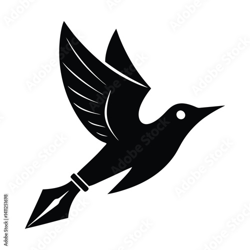 A bird flying from a pen nib on white background
