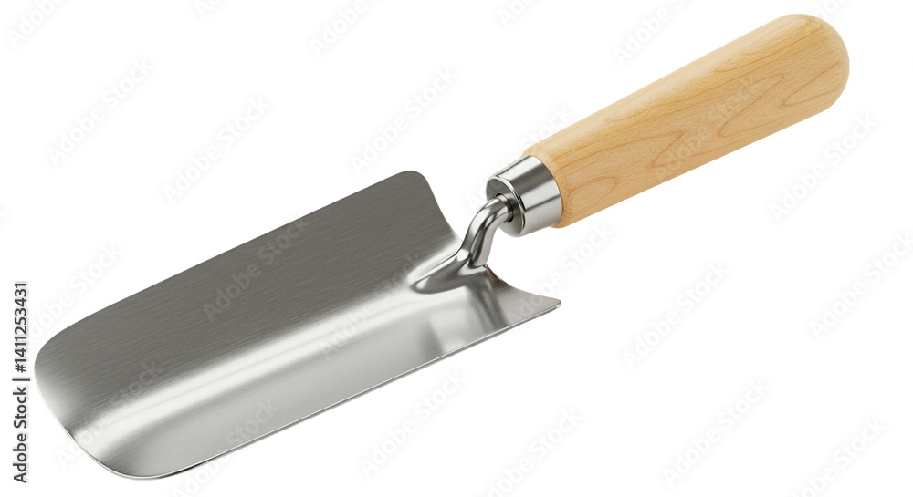 A stainless steel garden trowel with a wooden handle isolated against a black background close up view A stainless steel garden trowel with a wooden handle isolated against a black background close up view