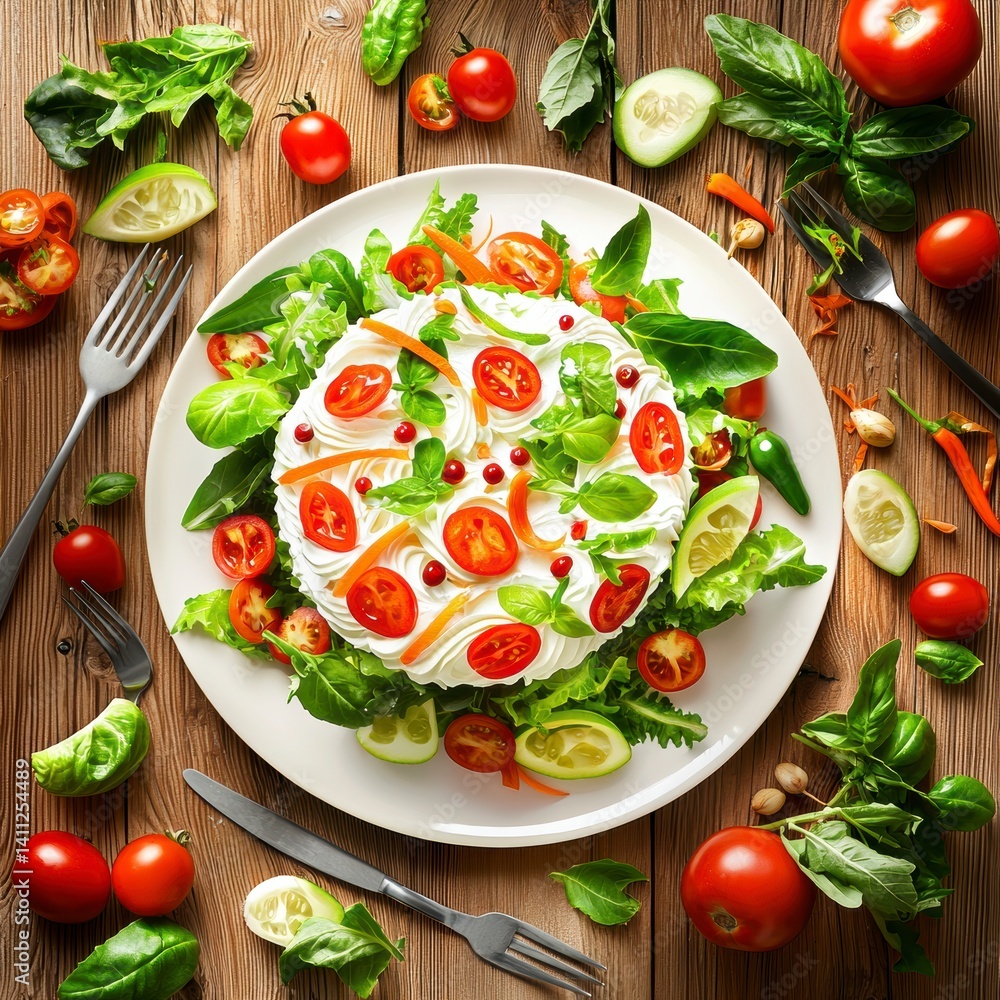Delicious Creamy Vegetable Salad with Tomatoes, Cucumber, and Herbs. Delicious Creamy Vegetable Salad with Tomatoes, Cucumber, and Herbs.