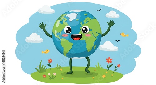 Happy Earth Cartoon: Globe Character on Green Grass with Flowers and Birds.