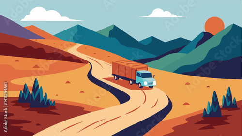 In a remote mountainous region the truck carefully navigates winding dirt roads as it delivers muchneeded supplies to isolated communities affected by famine.. Vector illustration