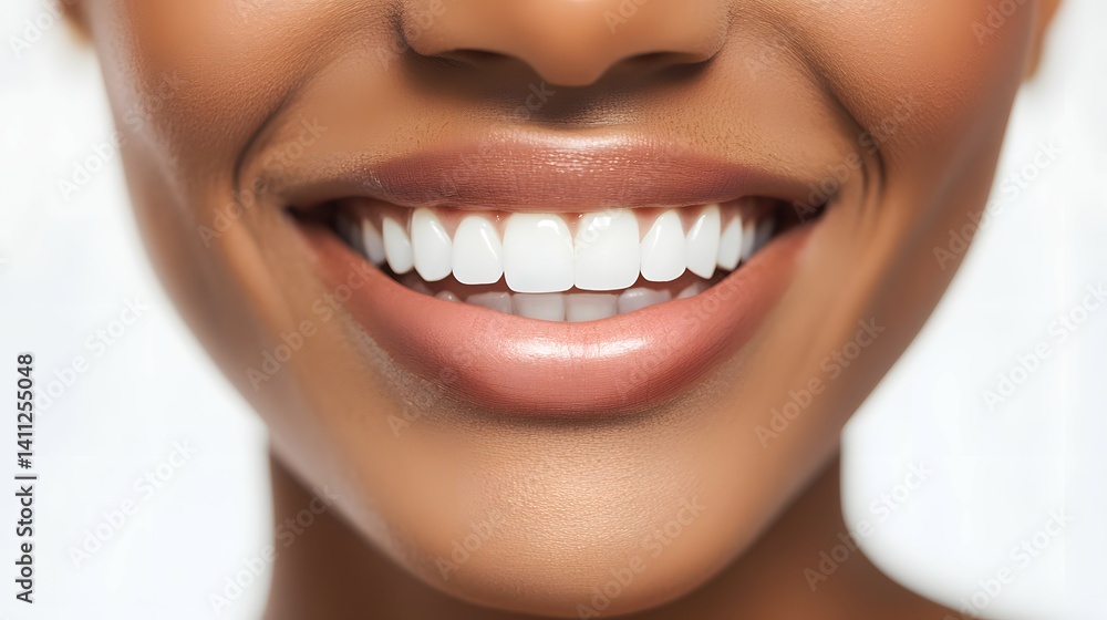 Close up of a smiling face with white teeth and dark skin. Close up of a smiling face with white teeth and dark skin.