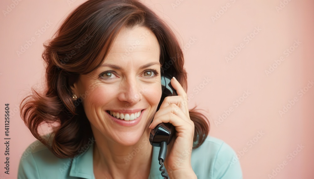 Close-up portrait of a smiling middle-aged woman with shoulder-length brown hair holding a vintage black telephone against a pale pink background Close-up portrait of a smiling middle-aged woman with shoulder-length brown hair holding a vintage black telephone against a pale pink background