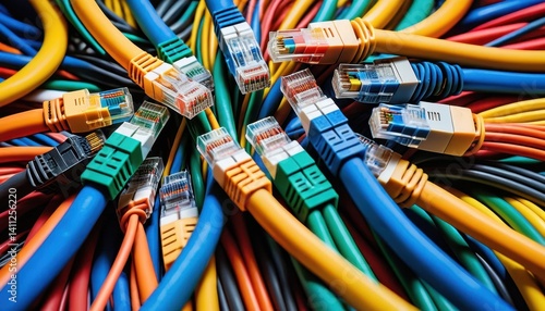 Close-up of Tangled Vibrant Multicolored Ethernet Cables with Exposed RJ45 Connectors Showcasing a Technological Fiber Optic Connection Network