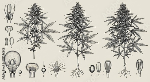 Detailed Botanical Illustration of Cannabis Plants: A Classic Pen and Ink Study