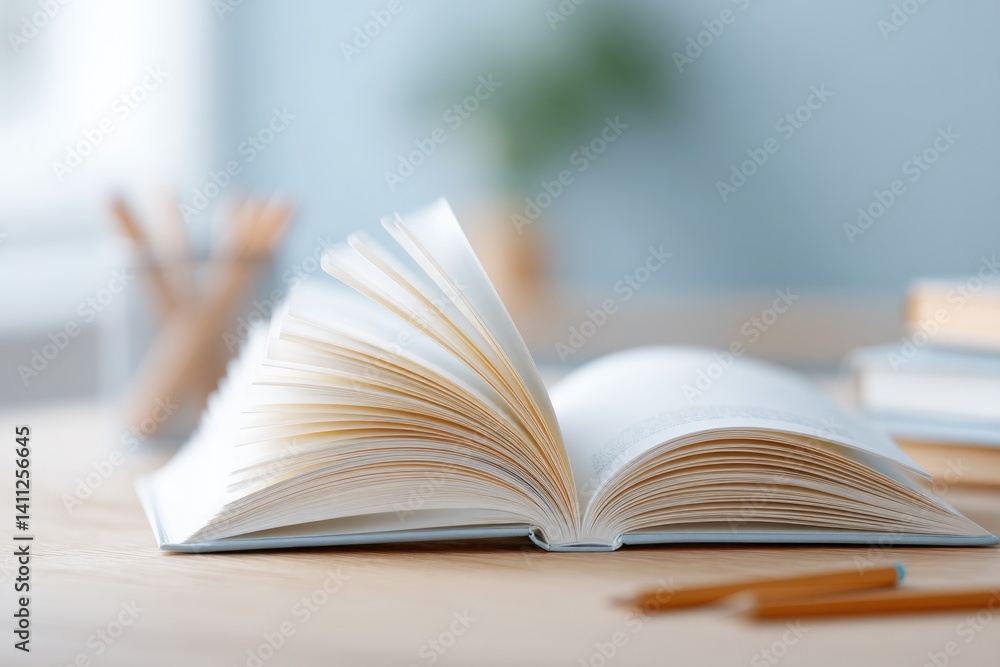 open book with fluttering pages set on wooden table gently lit by soft ambient light evokes sense of calm and inspiration open book with fluttering pages set on wooden table gently lit by soft ambient light evokes sense of calm and inspiration