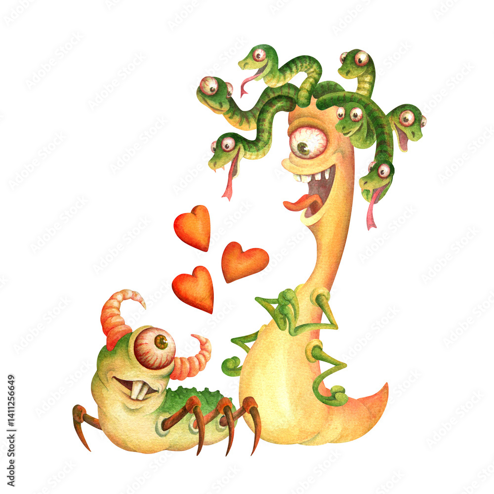 Obraz premium Lovers one-eyed monsters look at each other with affection. Romantic composition of caterpillar-like gorgon with snakes on its head and horned freak with beetle legs for card, sticker, poster design