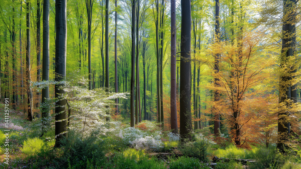 Fototapeta premium Vibrant forest with year-round trees, lush green foliage, autumn hues