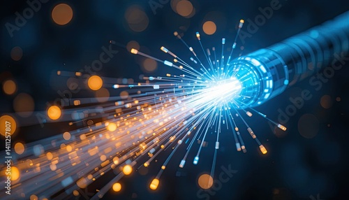 Blue and Orange Fiber Optic Cable with Bright Light Streaks on Dark Background