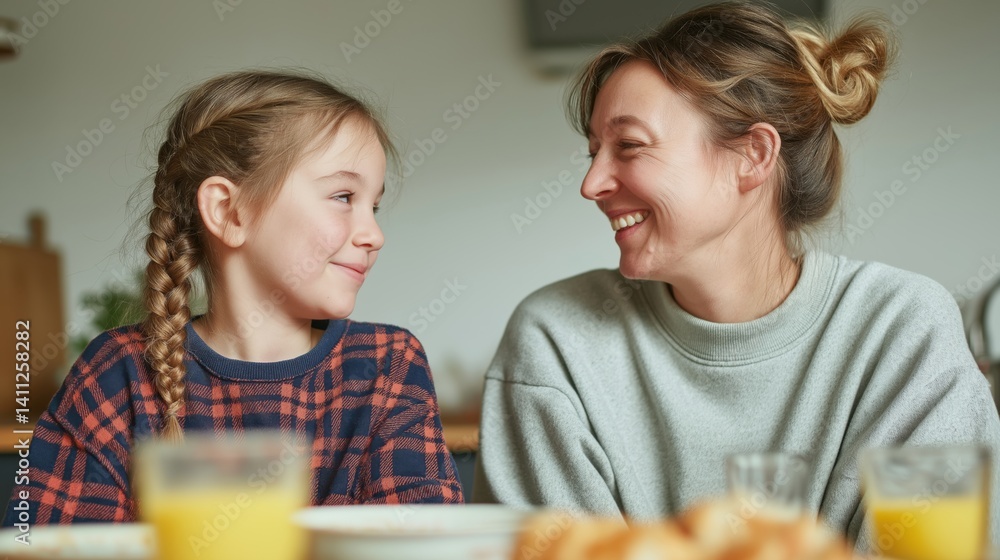 Mother and daughter enjoy a heartfelt breakfast together in a cozy kitchen setting.