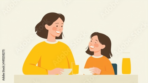 Enjoying a joyful breakfast at home with a child in cozy yellow sweaters, cartoon illustration.