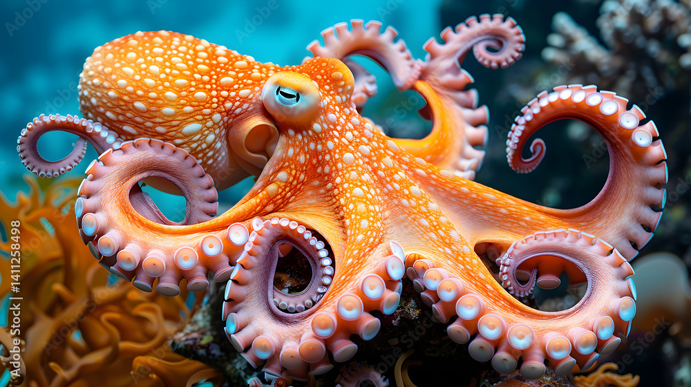 Obraz premium Stunning close-up of a vibrant orange octopus with distinctive white spots, showcasing its intricate tentacles and intelligent eyes in an underwater environment.