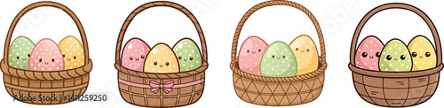 Cute Kawaii Easter Eggs in Baskets - Set of 4 Cartoon Illustrations