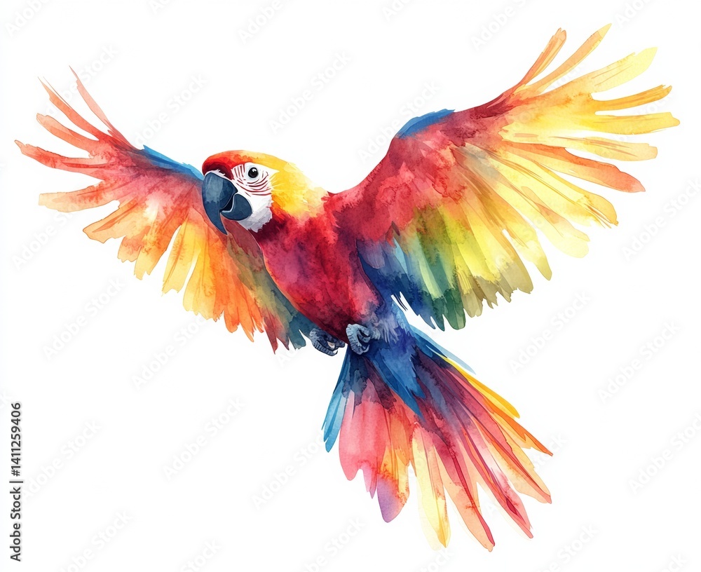 Fototapeta premium Scarlet macaw in flight nature scene watercolor art colorful close-up view wildlife concept isolate on white background