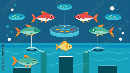 Realtime data collection from a network of sensors p strategically throughout a fish hatchery providing insights on water quality and fish health at every stage of development.. Vector illustration