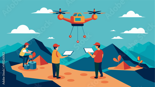 A team of survey drones conduct aerial mapping and data collection using their advanced sensors and mapping algorithms to create detailed 3D models of the terrain below.. Vector illustration
