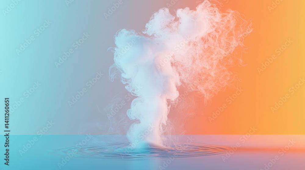 Naklejka premium A captivating swirl of white smoke rises from a water surface, illuminated by orange and blue tones.