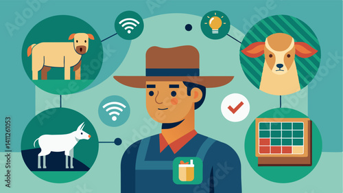Biometric Identification Farmers can use biometric technology such as facial recognition or ear tag scanning to track individual animals and monitor their health and growth. Vector illustration