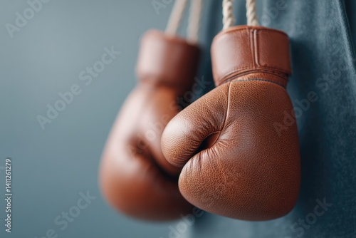 close-up shot of pair of worn boxing gloves hanging from gym bag strap with ample copy space around them