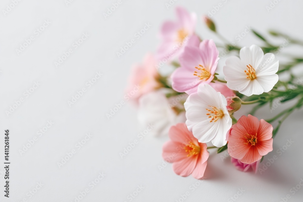delicate composition of mixed flowers lying on white background with ample copy space