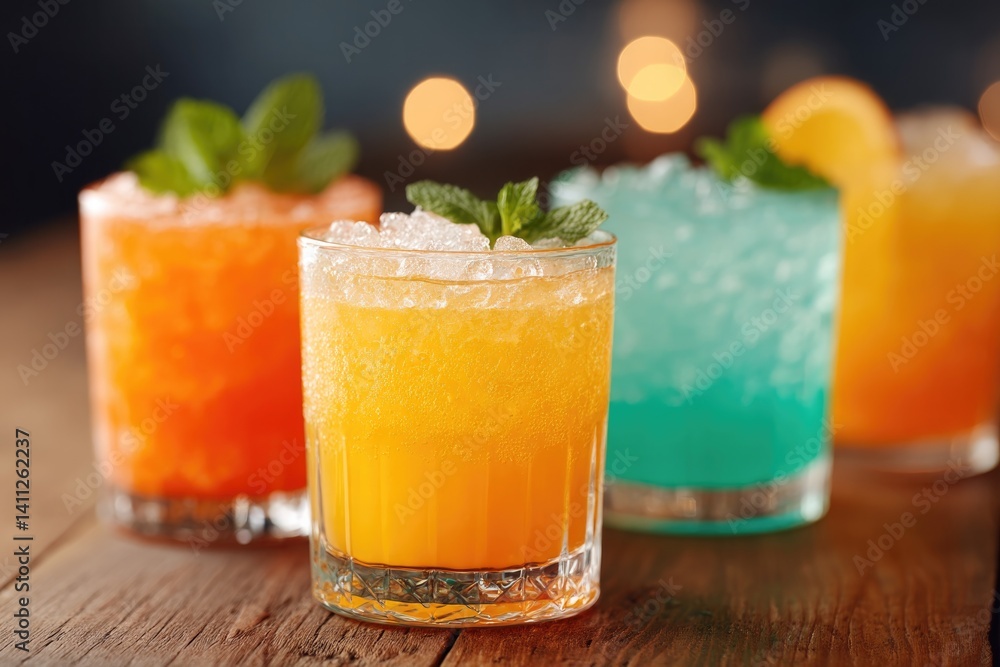 elegant arrangement of colorful cocktails on rustic wooden bar top showcasing array of vibrant tropical drinks with elegant arrangement of colorful cocktails on rustic wooden bar top showcasing array of vibrant tropical drinks with