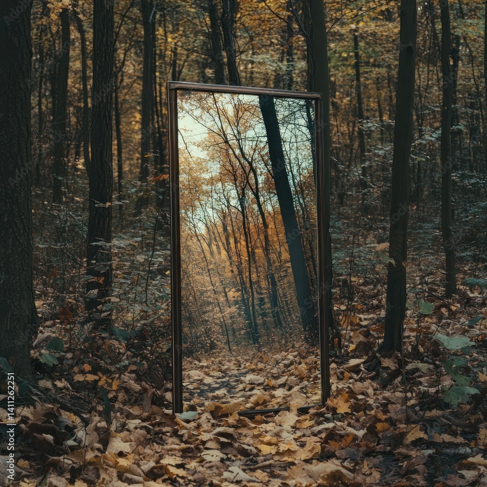 Fototapeta premium Autumnal forest mirror reflecting woodland path