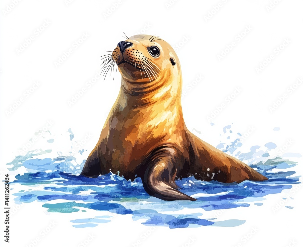 Fototapeta premium Playful sea lion swimming in clear waters marine habitat wildlife illustration natural close-up view isolate on white background