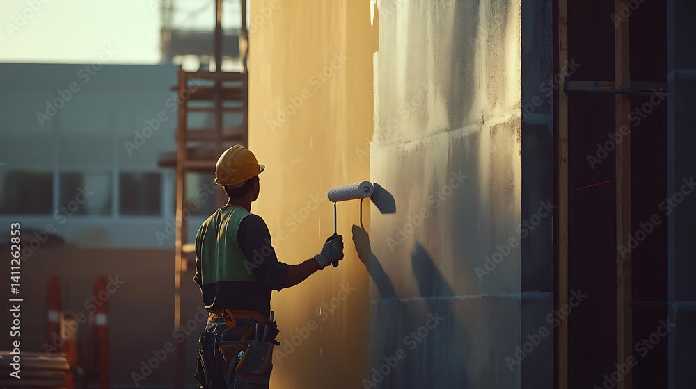 Fototapeta premium A construction worker applying paint to a wall at a construction site. Featuring attention to detail and creativity