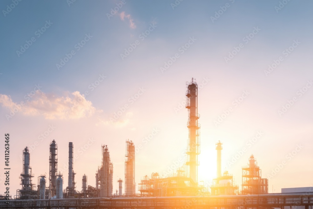 Fototapeta premium minimalistic image of oil refinery at dawn towering structures casting long shadows machinery juxtaposed against pastel-colored