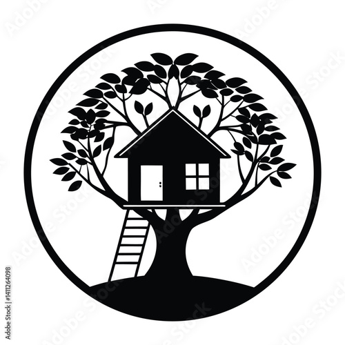 Treehouse in silhouette circle logo on white background