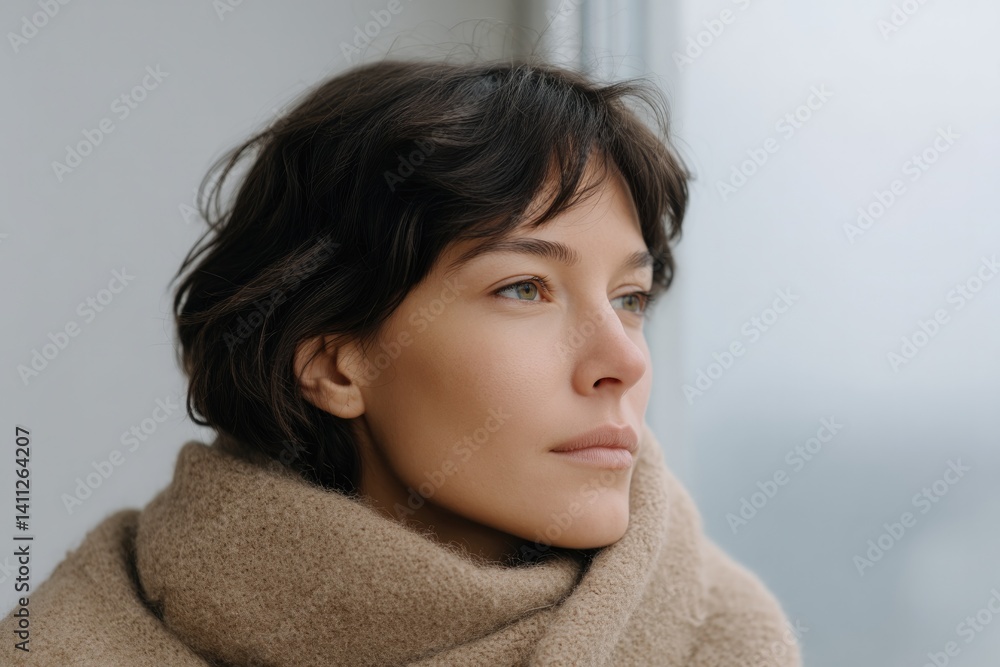 portrait of solitary figure wrapped in warm shawl sitting thoughtfully by cloudy window symbolizing introspection and portrait of solitary figure wrapped in warm shawl sitting thoughtfully by cloudy window symbolizing introspection and
