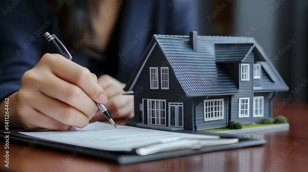 Fototapeta premium Person signs document near a miniature house model on a wooden surface.