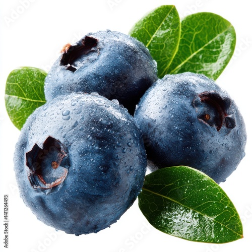 Fresh blueberries with leaves on white background