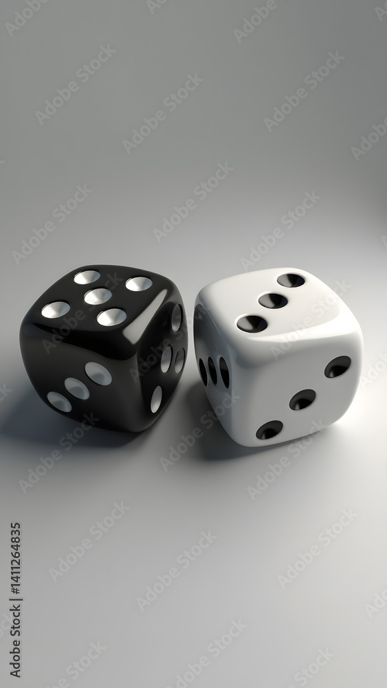 Pair of contrasting dice (matte black and glossy white) at 45 degrees. Ultra-HD with dramatic intersecting shadows on neutral background. Pair of contrasting dice (matte black and glossy white) at 45 degrees. Ultra-HD with dramatic intersecting shadows on neutral background.