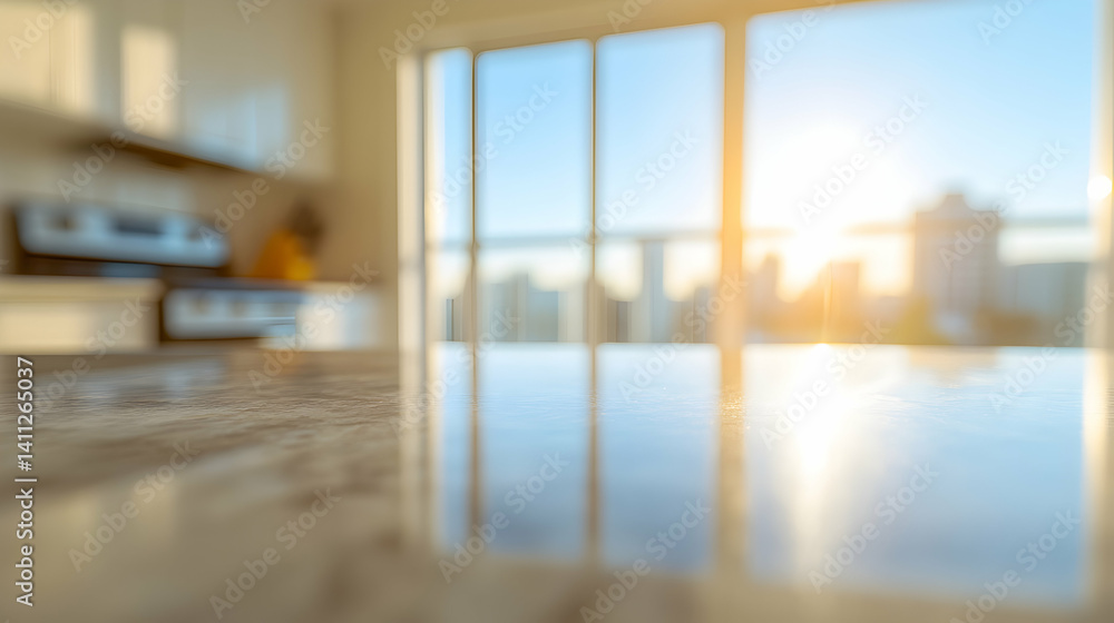 Fototapeta premium Sunlit kitchen countertop reflecting city skyline through large window; modern, clean design.