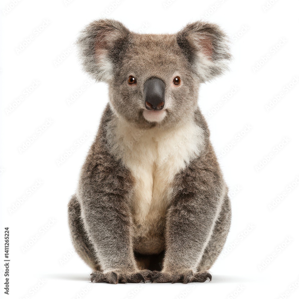 Fototapeta premium Koala bear sitting portrait view on white background