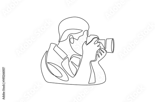 Continuous one line drawing of Young man taking photo with camera. Single line drawing illustration of Young man photographer. Photography concept vector art. Doodle line illustration.