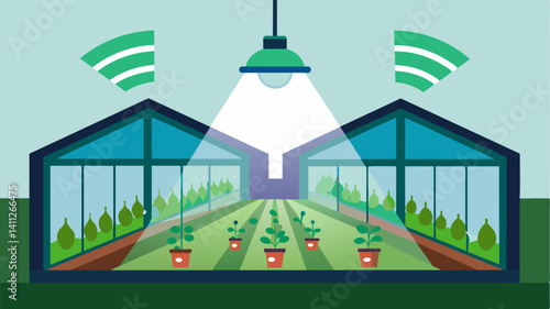 Motionsensor activated lighting in greenhouses to reduce energy consumption with the option to remotely override the system for specific areas or times.. Vector illustration