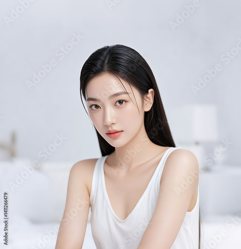 pretty asian lady, cosmetics, skincare lady model with fashionable makeup and sophisticated hairstyle